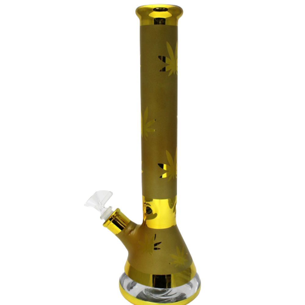 16'' Gold Color Beaker Leaf Art Heavy Water Pipe With 14 MM Male Bowl Glass On Glass