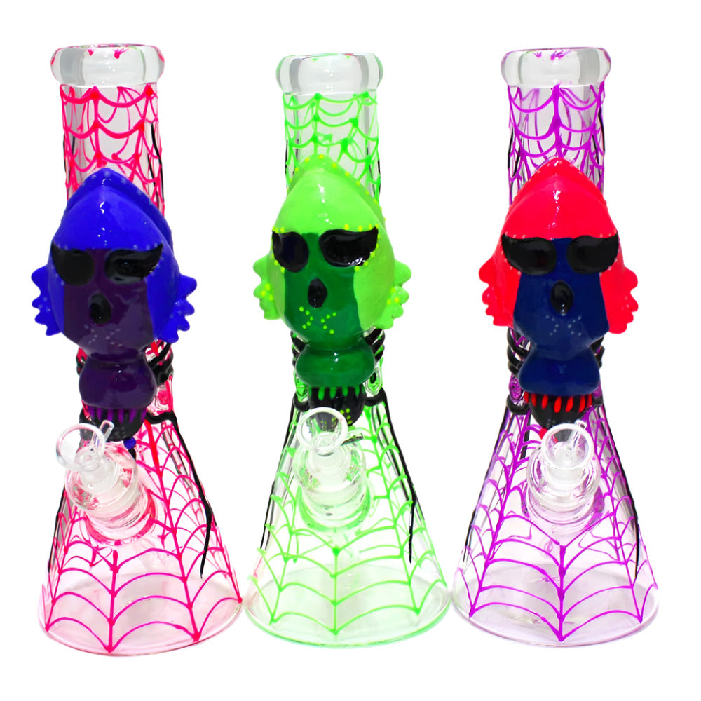 12-inch glow-in-the-dark heavy-duty beaker water pipe with big spider in web design and glass-on-glass (G-G) joint