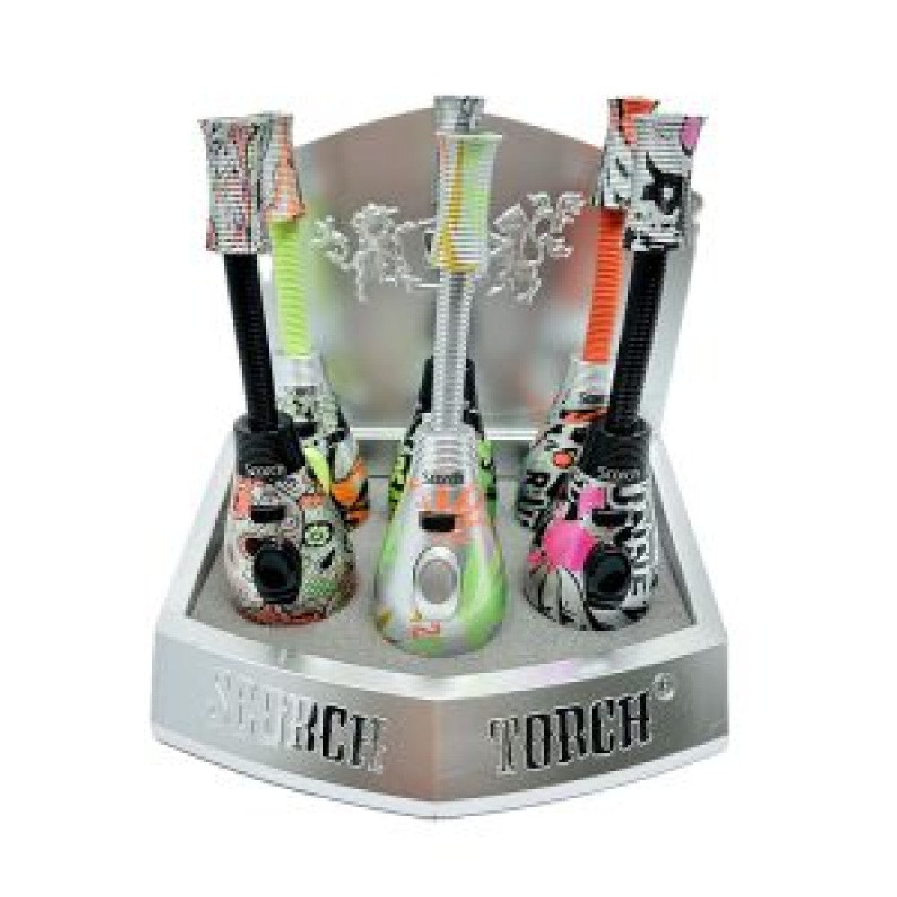Model NO # 61769 Scorch Torch Ribbed Nozzle Bendable Torch Hold Button 2 Tone Asst Graffiti Leaf Design 6 Pcs Per Display