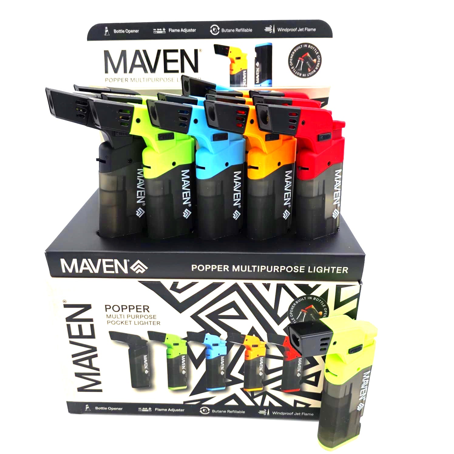 ITEM # 98-1170T MAVEN POPPER TRANSPARENT BOTTLE OPENER MULTIPURPOSE TORCH 15 PER PACK