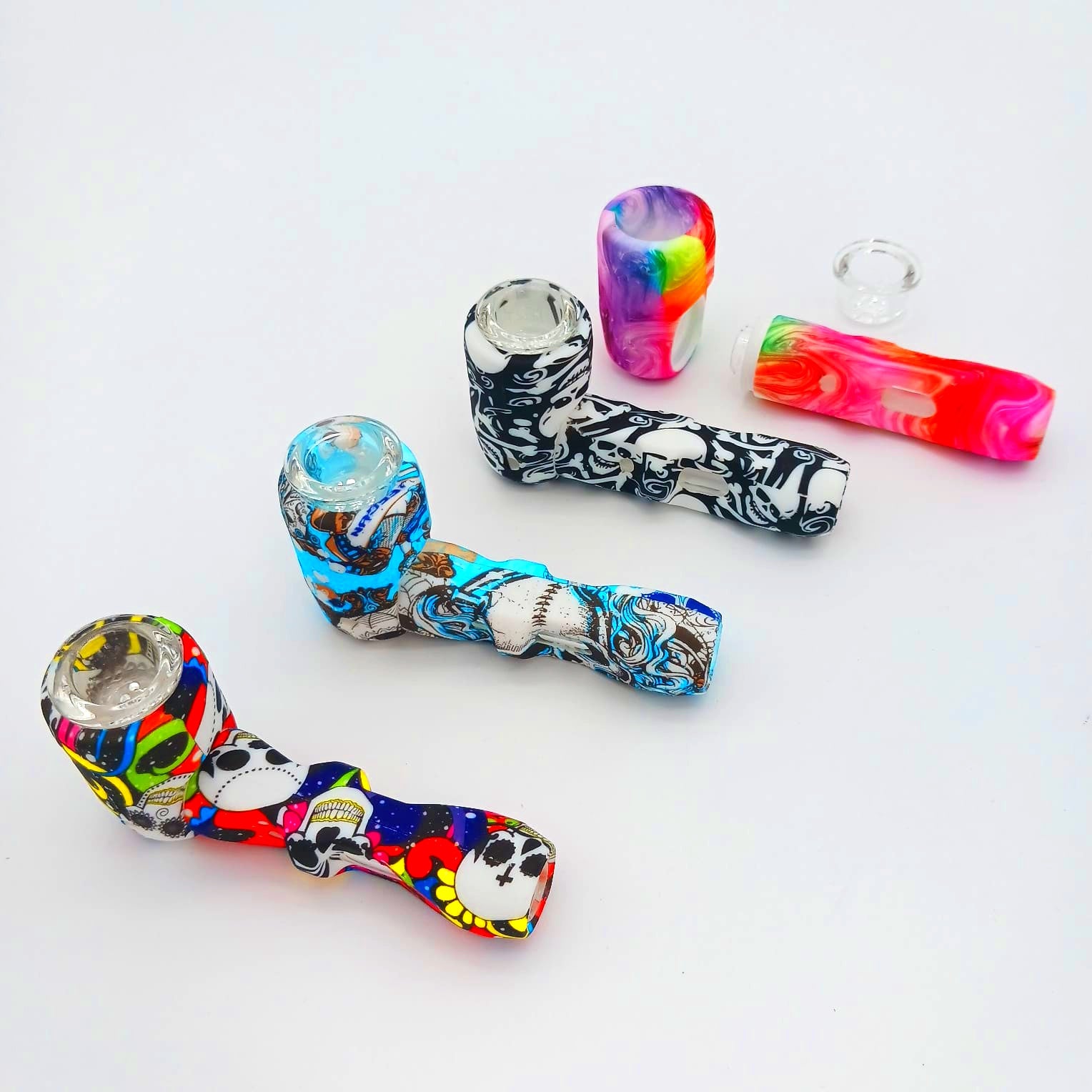 4'' Silicone Printed Color W/Inner Glass Tube Hand Pipe W/ Glass Bowl