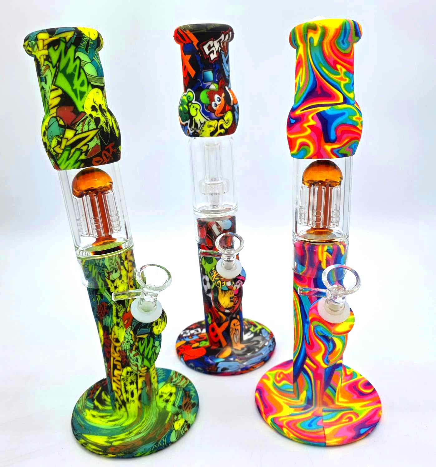 12" Silicon Printed Design Round Base Straight Glass Percolator/showerhead Water Pipe