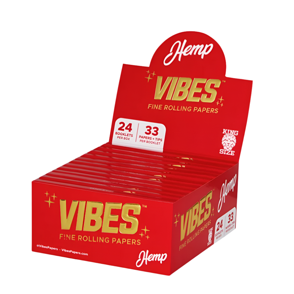 Vibes HEMP fine king size rolling papers with tips, 24 booklets per box, 33 papers per booklet