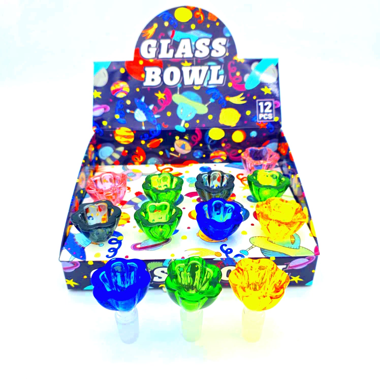 14MM Fancy Flower Design Glass Bowl 12 Pcs Pack