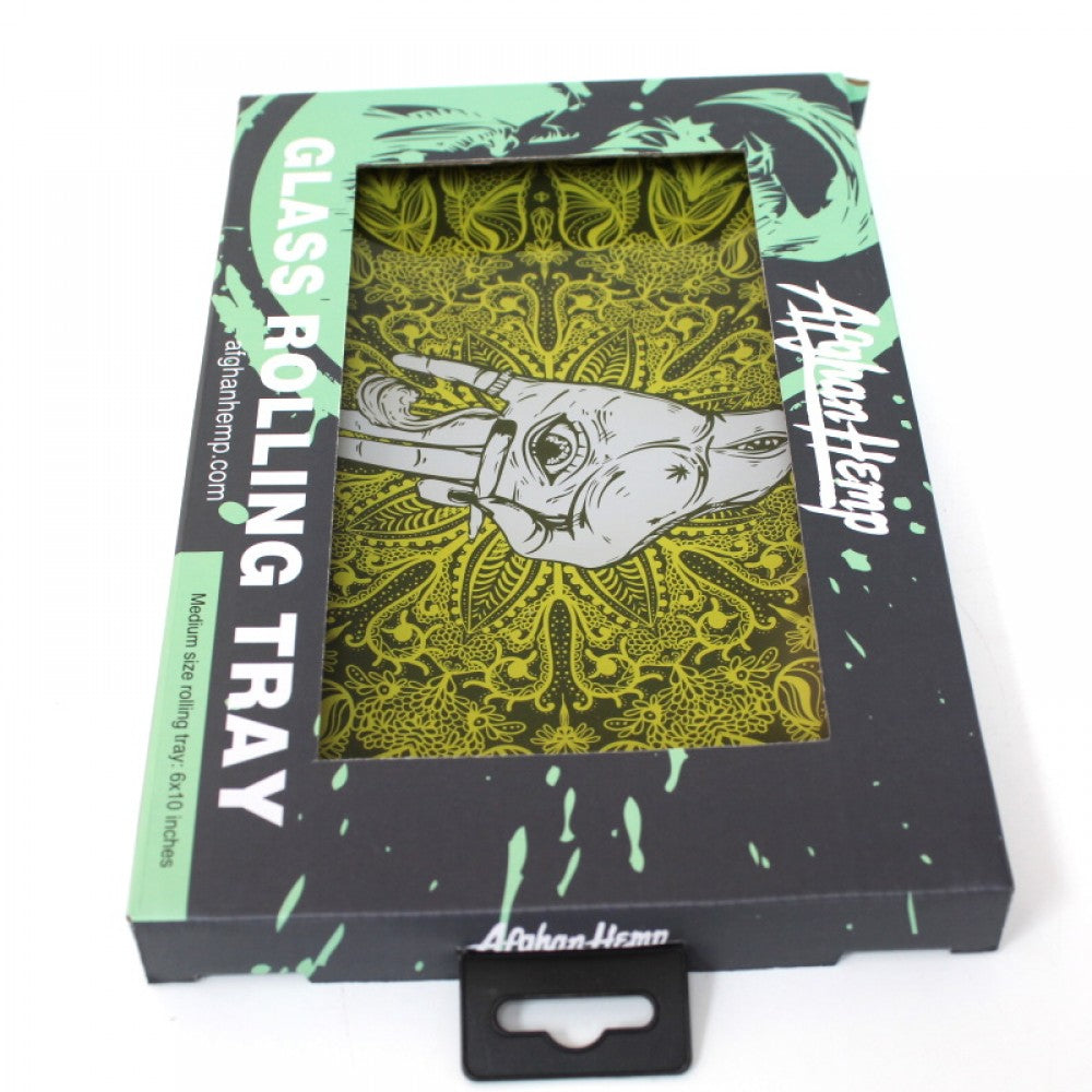 Afghan hemp glass rolling tray medium size 6 x 10 inches with durable tempered glass, smooth surface, and stylish printed design for easy daily use.