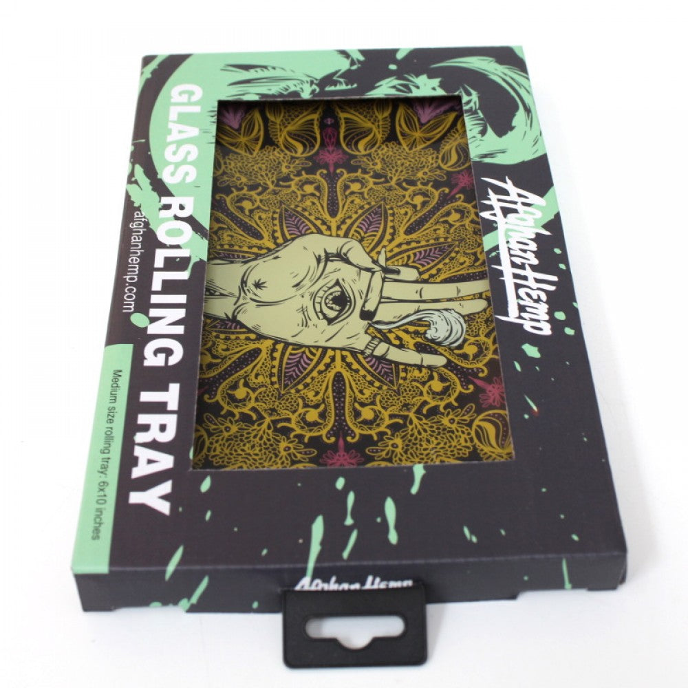 Afghan hemp art glass rolling tray 6 x 10 inch medium size with durable tempered glass, smooth surface, and decorative printed design.