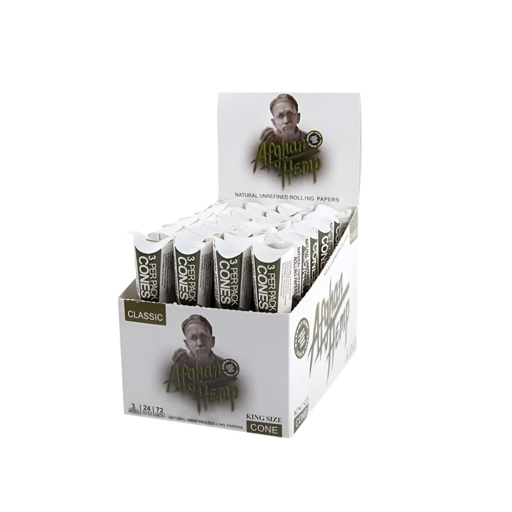 Afghan Hemp Classic King Size pre-rolled cones, 72 cones per box, made with natural hemp paper for smooth and even rolling.