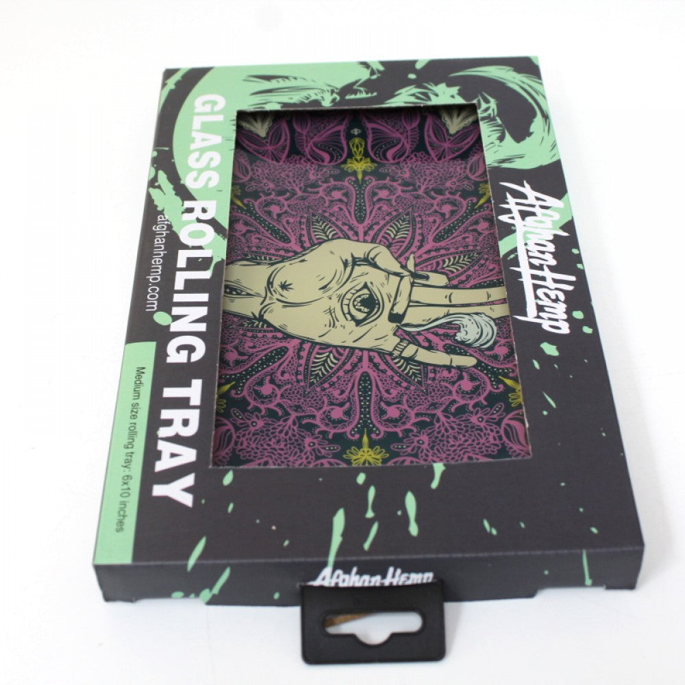 Medium size glass rolling tray 6 x 10 inches with Afghan hemp design, strong tempered glass, smooth finish, and easy-clean surface.
