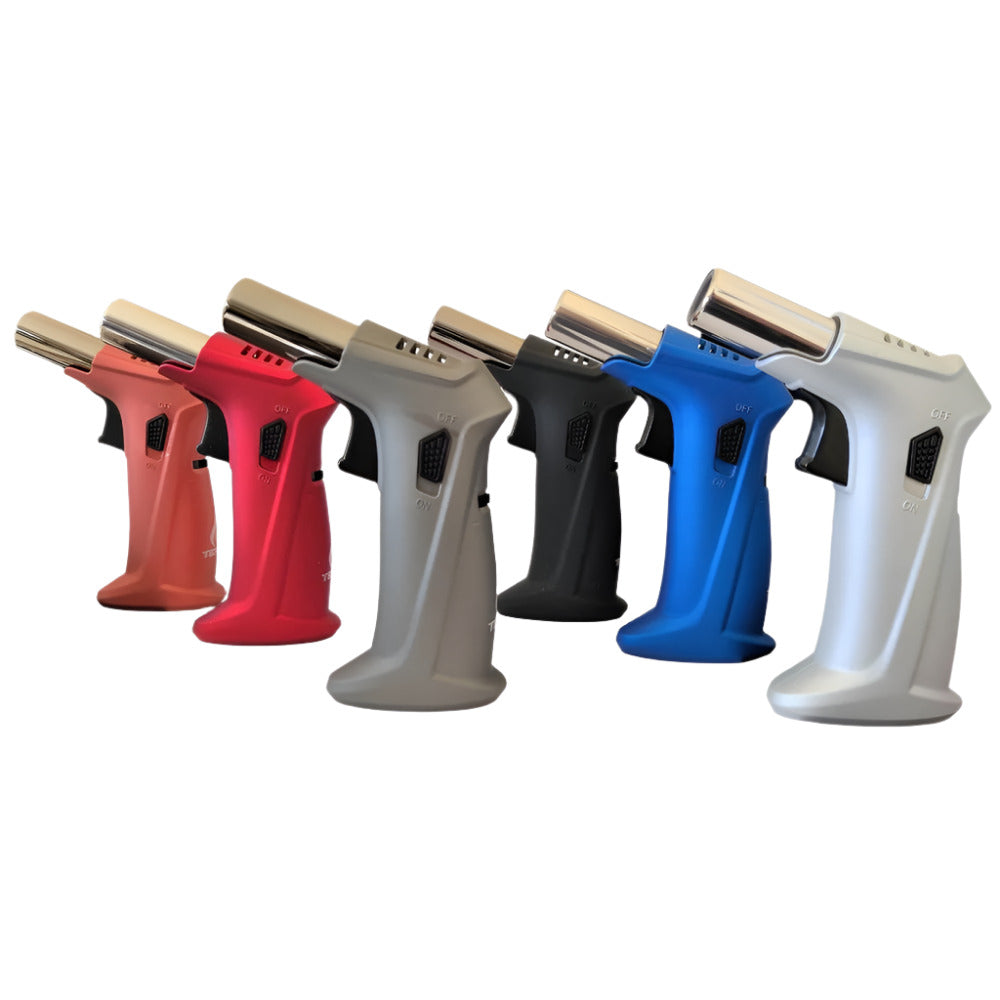 Techno Angel Slant Torch Lighter with windproof angled flame, refillable butane design, 6 pieces per display pack for retail distribution