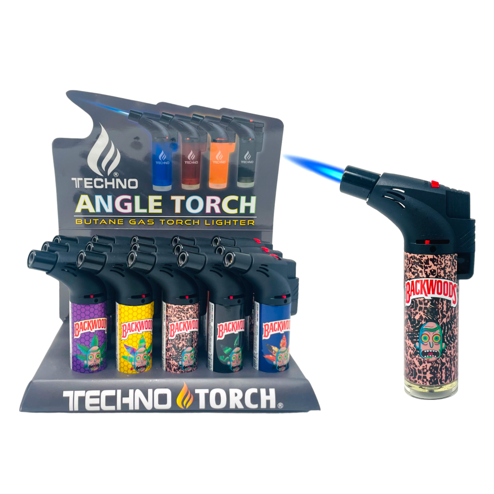 Angel Techno Torch Lighter refillable butane torch with strong windproof flame system, 15 pieces per display pack for retail distribution