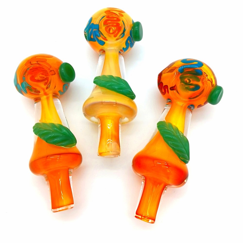 Art color leaf design heavy duty glass hand pipe featuring vibrant leaf-inspired artwork, thick durable glass construction, and a compact ergonomic handheld design.