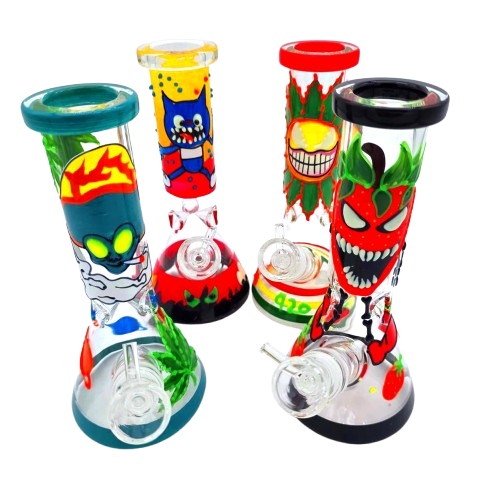 Art design beaker water pipe made from durable glass, featuring creative artistic patterns and stable beaker base for smooth filtration