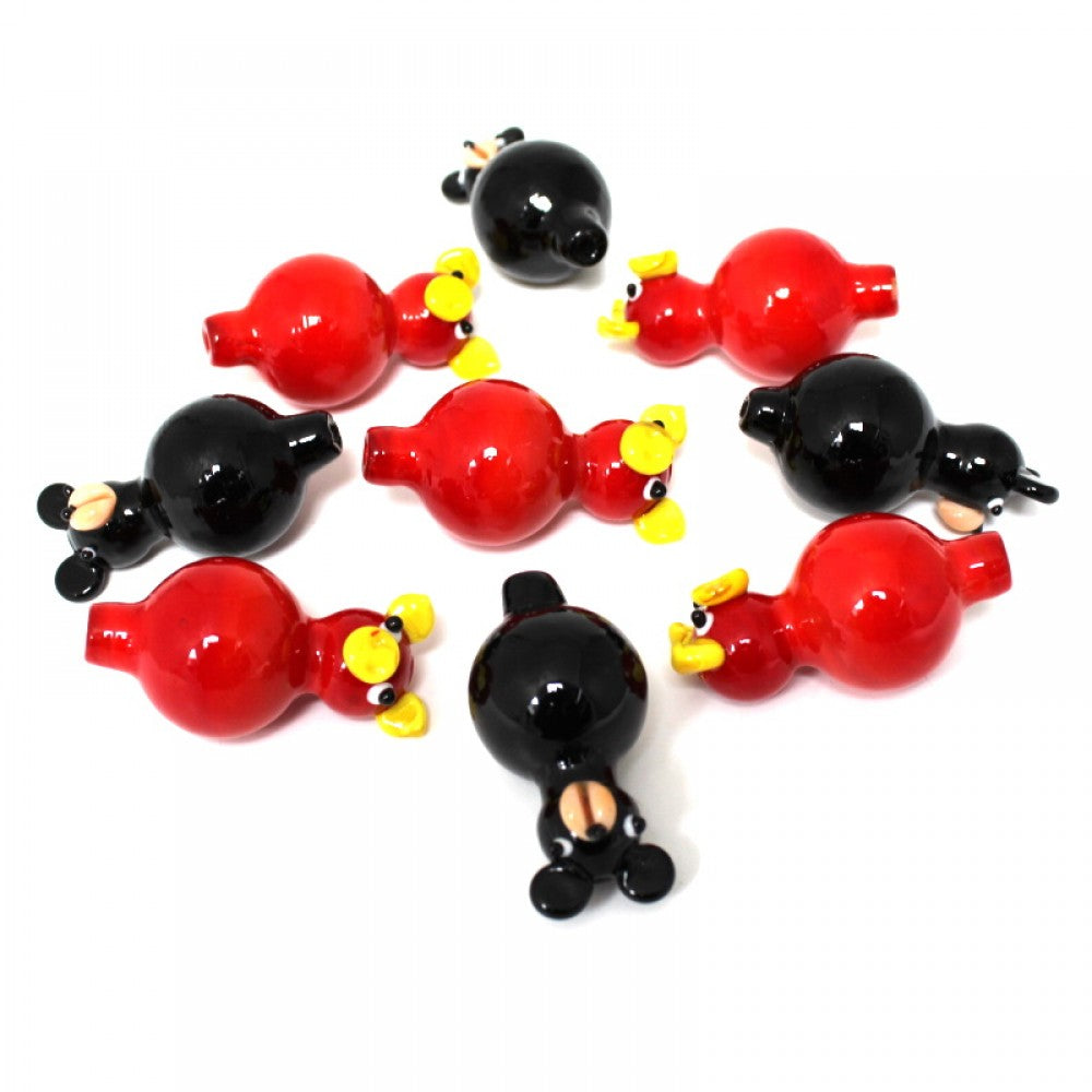 Art design black and red carb cap made from heat resistant glass for smooth airflow control and quartz banger use.