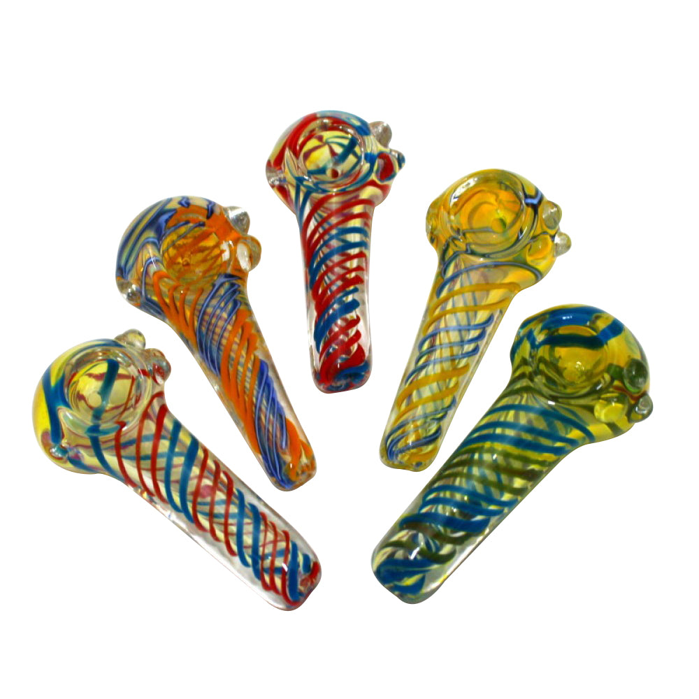 Swirl color glass hand pipe with vibrant artistic design, durable thick glass construction, smooth airflow, and compact portable smoking accessory.