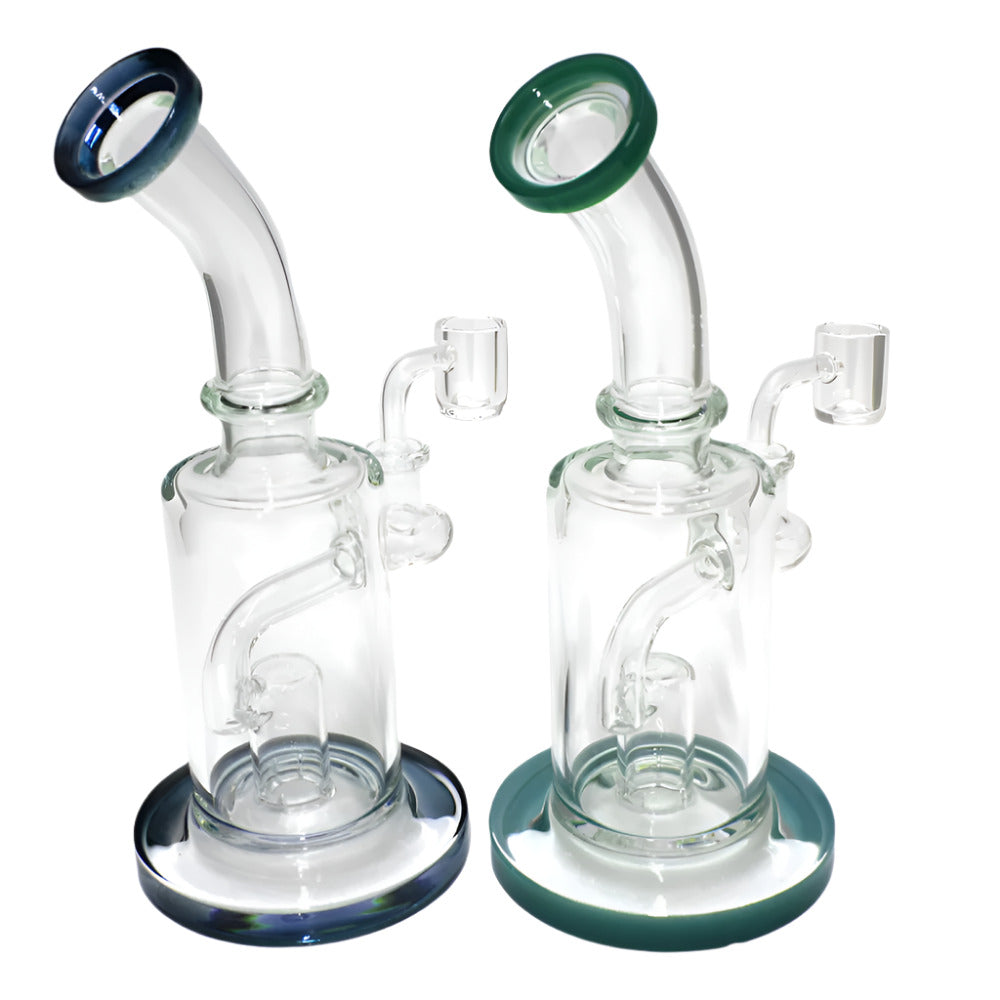 Decorative percolator glass water pipe with 14mm male banger featuring assorted artistic designs, advanced filtration, and durable glass craftsmanship for smooth performance.
