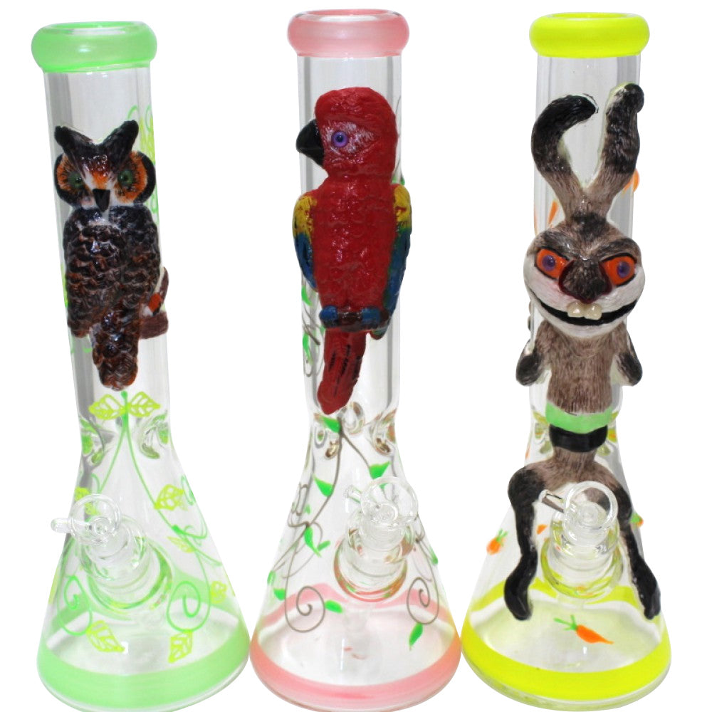 Assorted character design heavy beaker water pipe with thick glass construction, stable base, and artistic collectible-style designs.