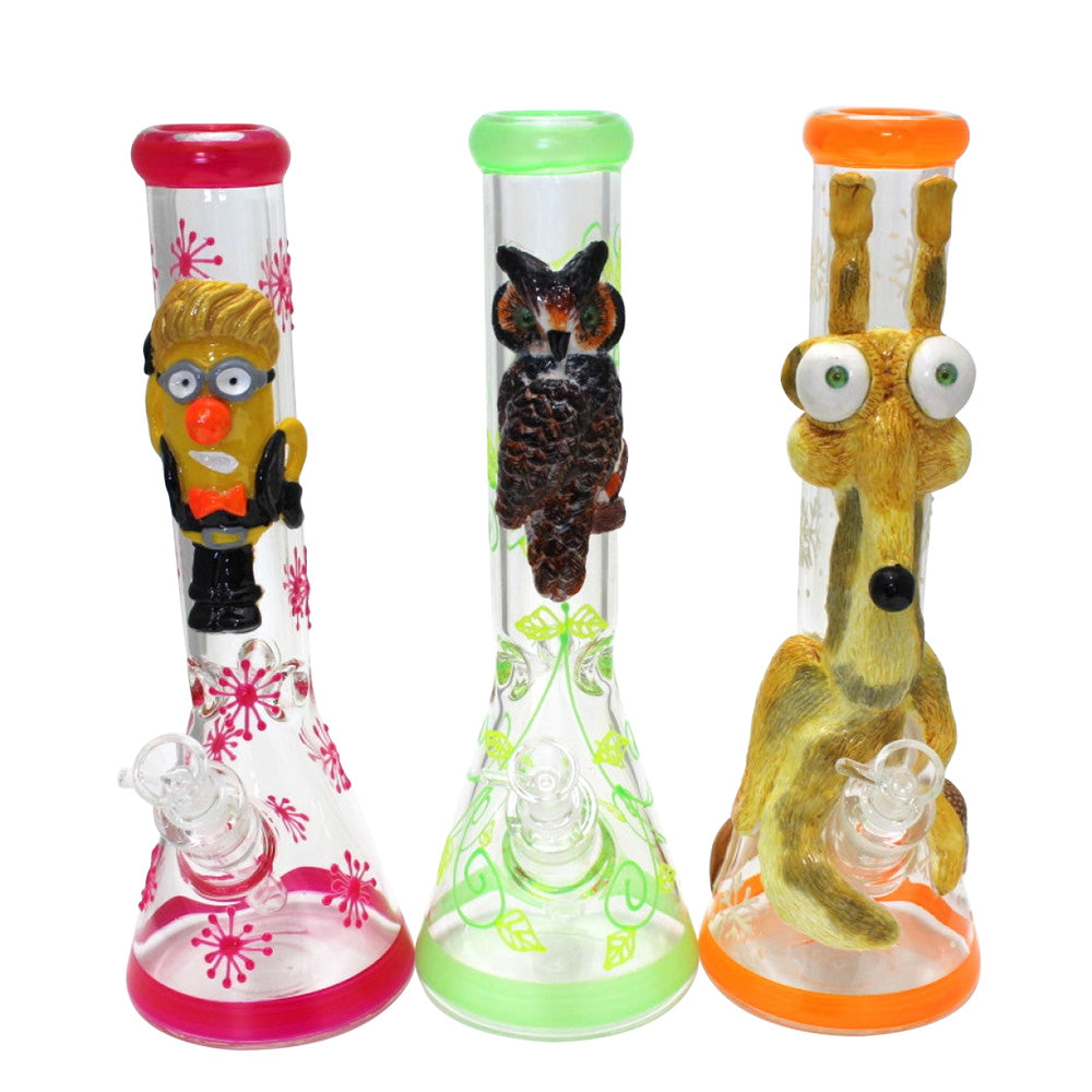 Assorted Character Design Heavy Beaker Water Pipe featuring thick durable glass construction, colorful character artwork, and beaker base for smooth filtration.