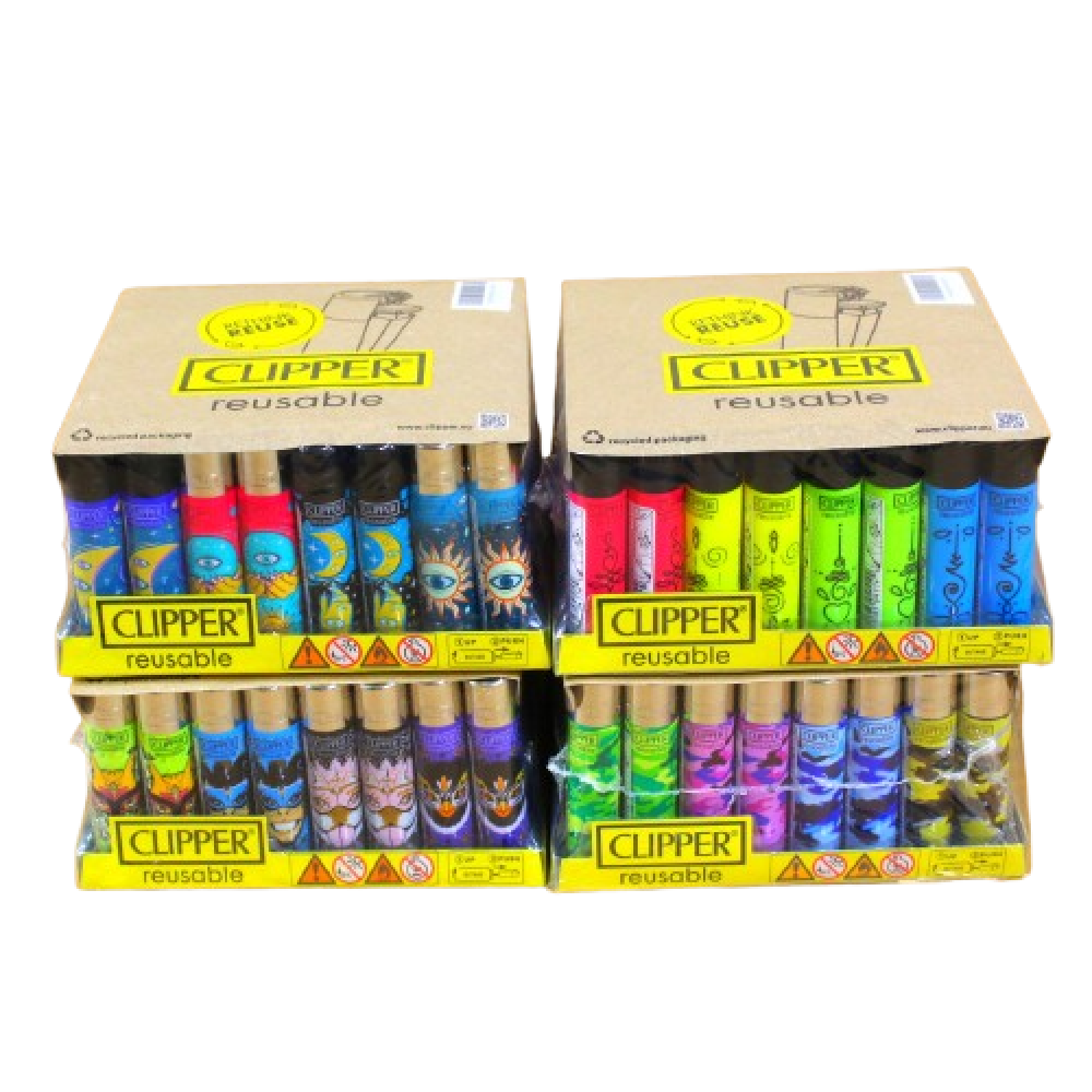 Assorted color Clipper lighters 48 pack featuring refillable design, durable construction, and consistent flame performance for daily use.