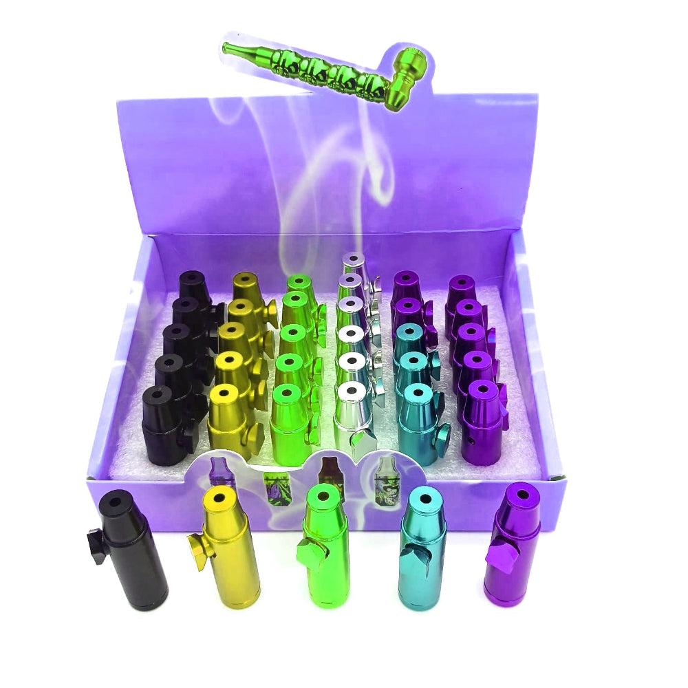 Assorted color metal bullet style smoking pipe with durable construction, compact design, and smooth airflow for convenient portable use and reliable performance.