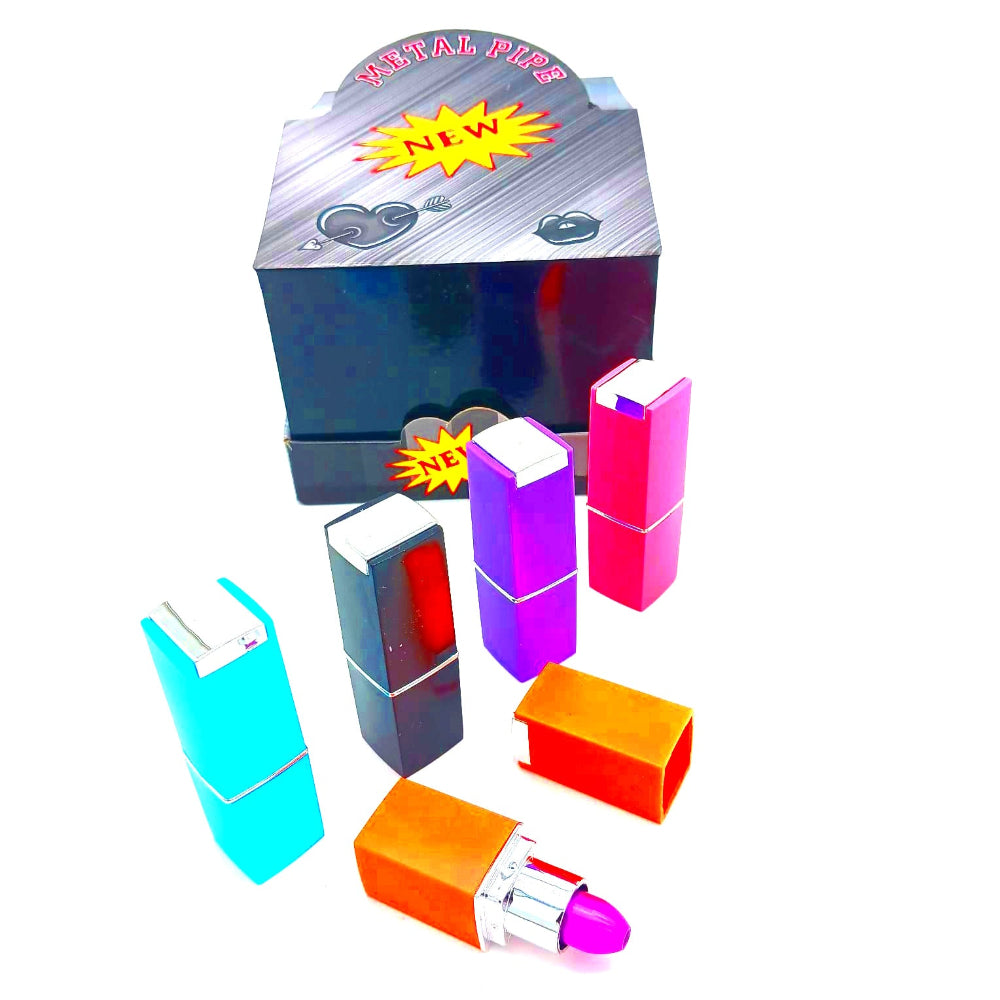 Assorted colors lipstick style metal smoking pipe with compact discreet design, made from durable metal for smooth airflow and convenient portable use.