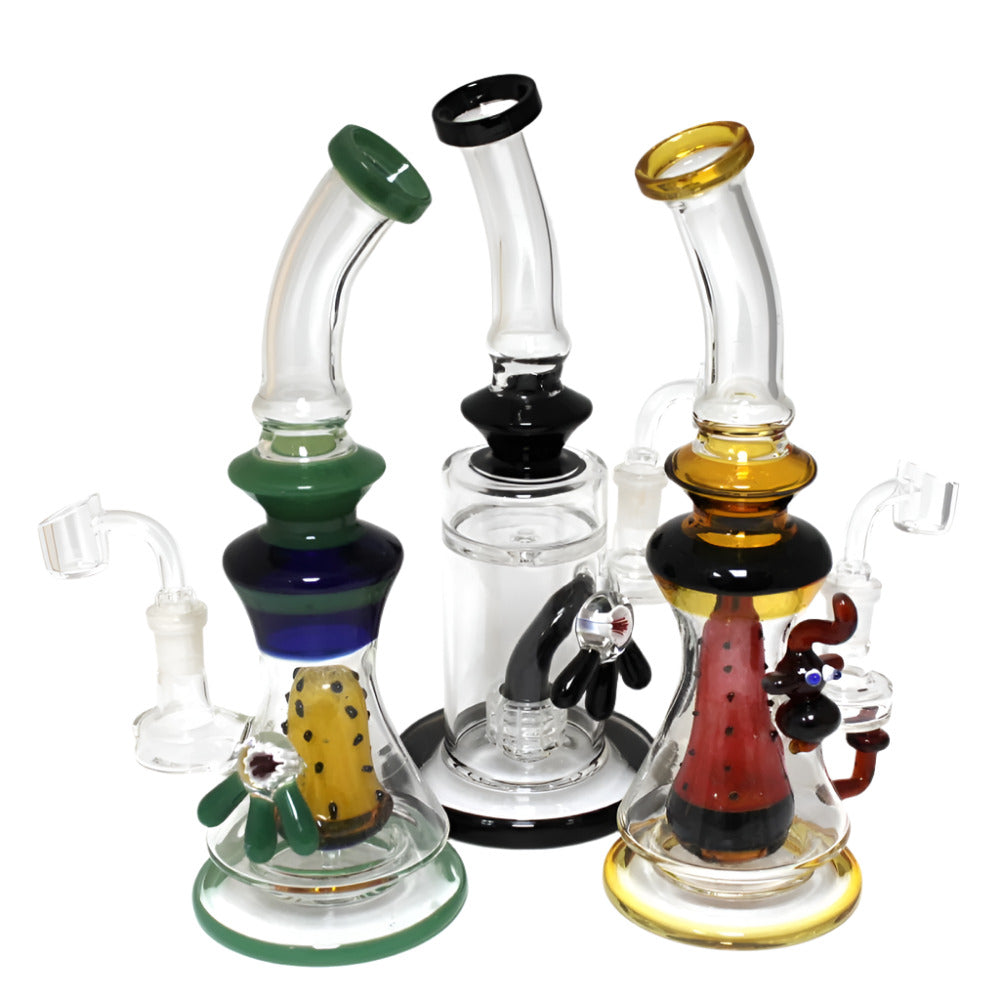 Assorted design percolator water pipe with 14mm male banger, featuring advanced filtration, durable glass construction, and unique decorative designs for a smooth experience.
