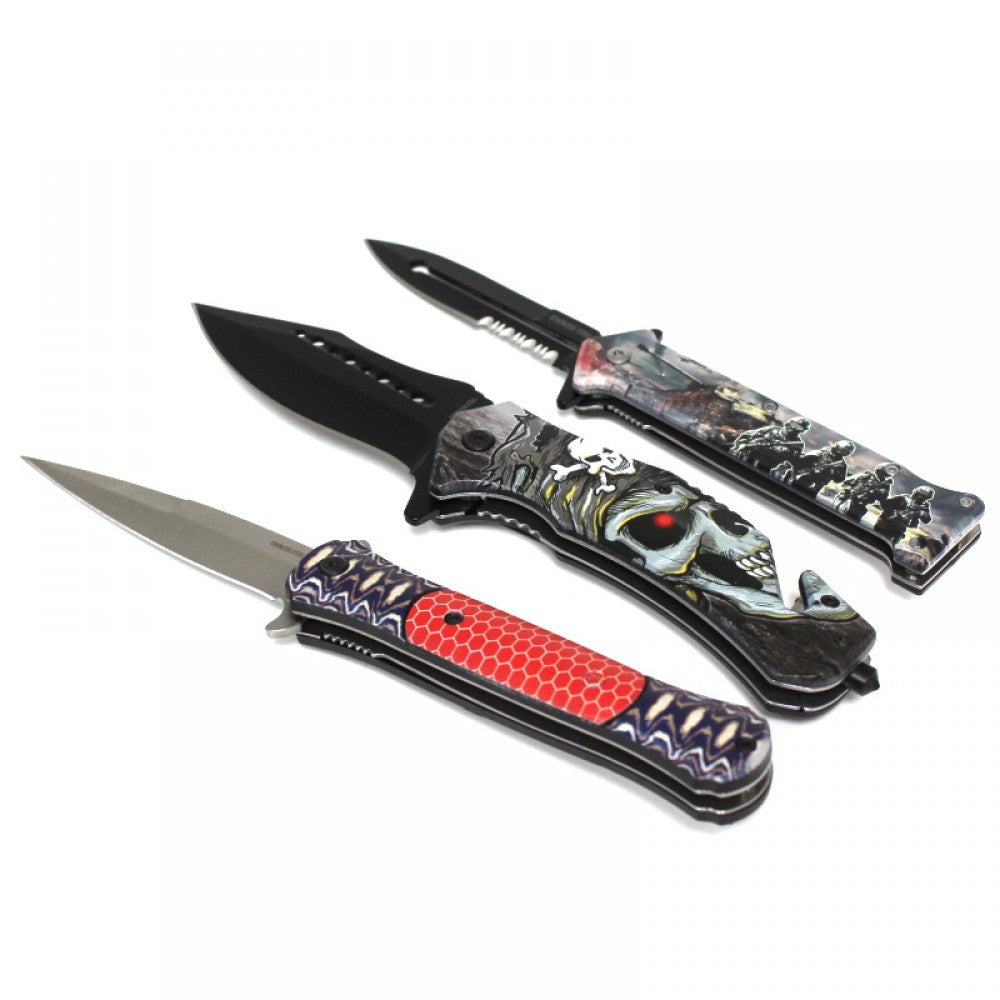 Assorted folding pocket knife with secure pocket clip, durable design for everyday utility, camping, hiking, and outdoor activities.