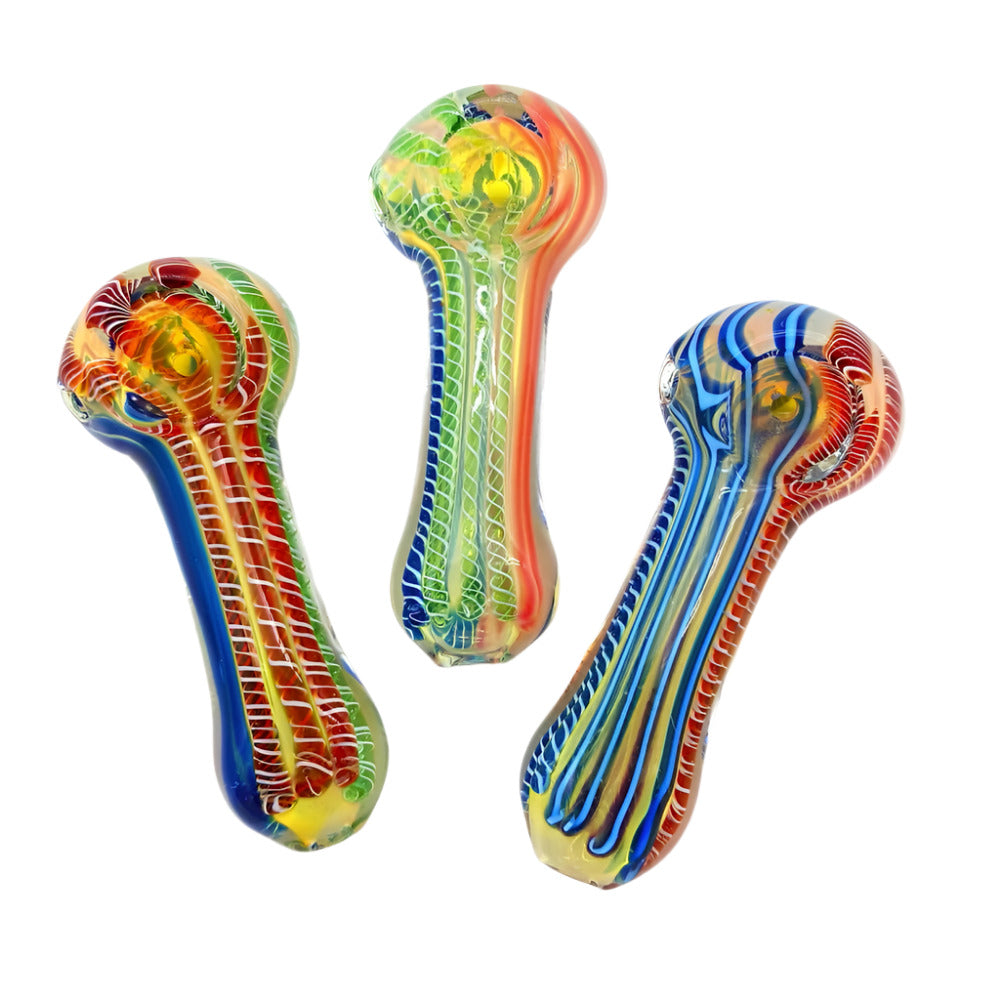 Assorted color heavy duty glass hand pipe featuring vibrant multicolor designs, thick durable glass construction, and compact ergonomic handheld design for smooth use.
