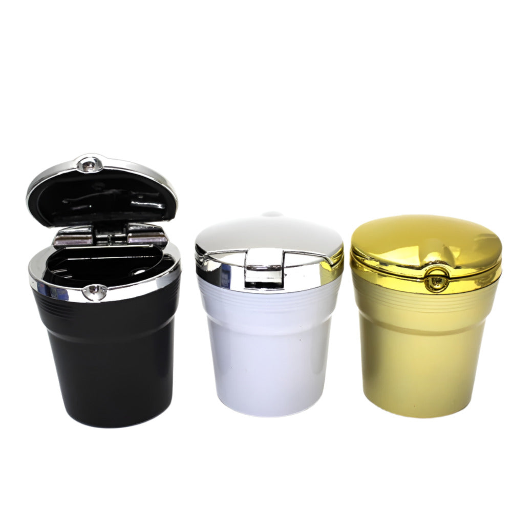 AT1001 car ashtray with light features an LED smokeless design suitable for car cup holders.