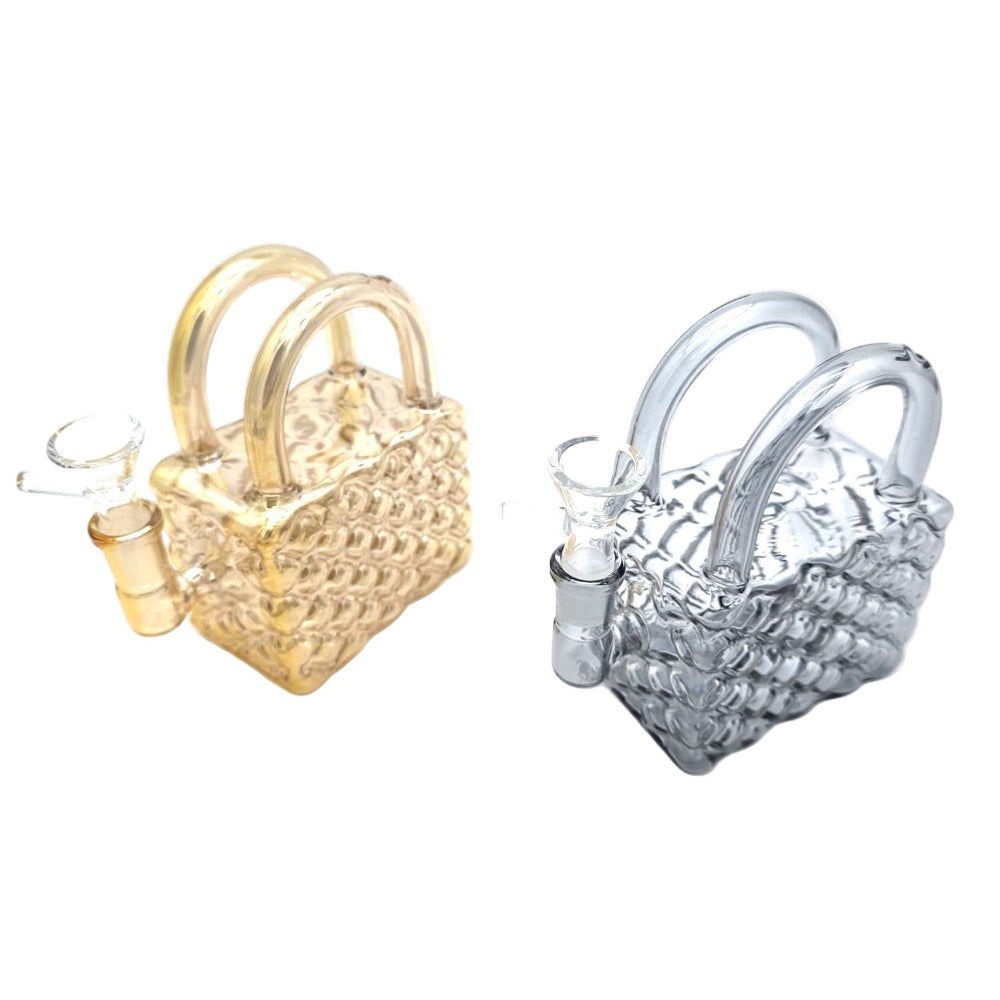 Bag design glass water pipe with unique portable-inspired shape, durable construction, and smooth water filtration for a clean and enjoyable smoking experience.