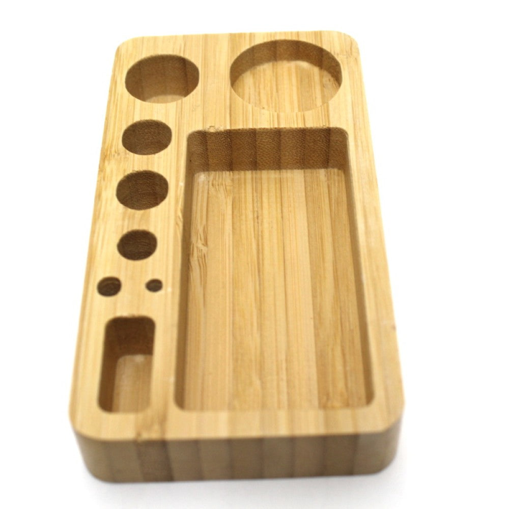 Small bamboo tray 5.5 x 3 inch size, eco-friendly natural wood rolling tray, smooth polished surface for organized and portable accessory use.
