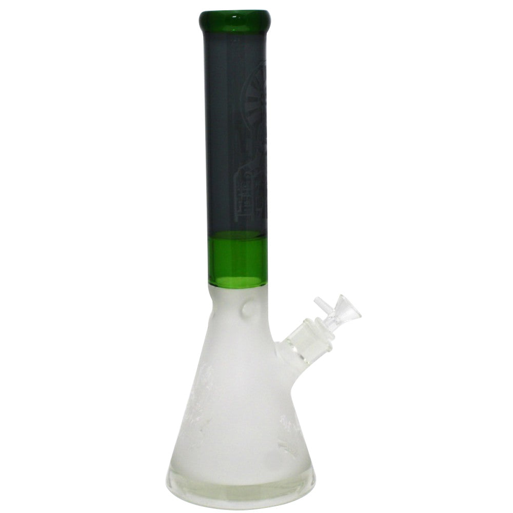 Beaker art design water pipe with colorful tube accents, heavy-duty glass construction, stable beaker base, and premium handcrafted appearance.
