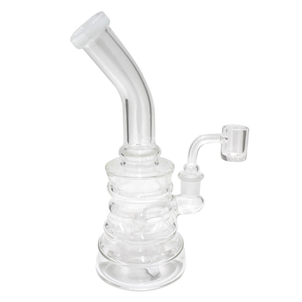 Beaker base clear dab rig water pipe with 14MM male quartz banger, durable glass build, stable design and smooth water filtration for clean hits.