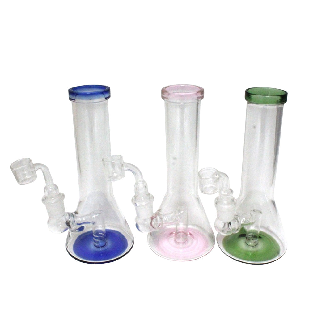 Beaker base dab rig water pipe with 18MM male banger, durable glass build, stable design and smooth water filtration for cleaner smoking experience.