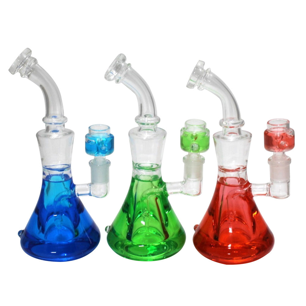 Beaker base liquid filled water pipe with durable glass construction, stable design and smooth water filtration system for cleaner smoking experience.