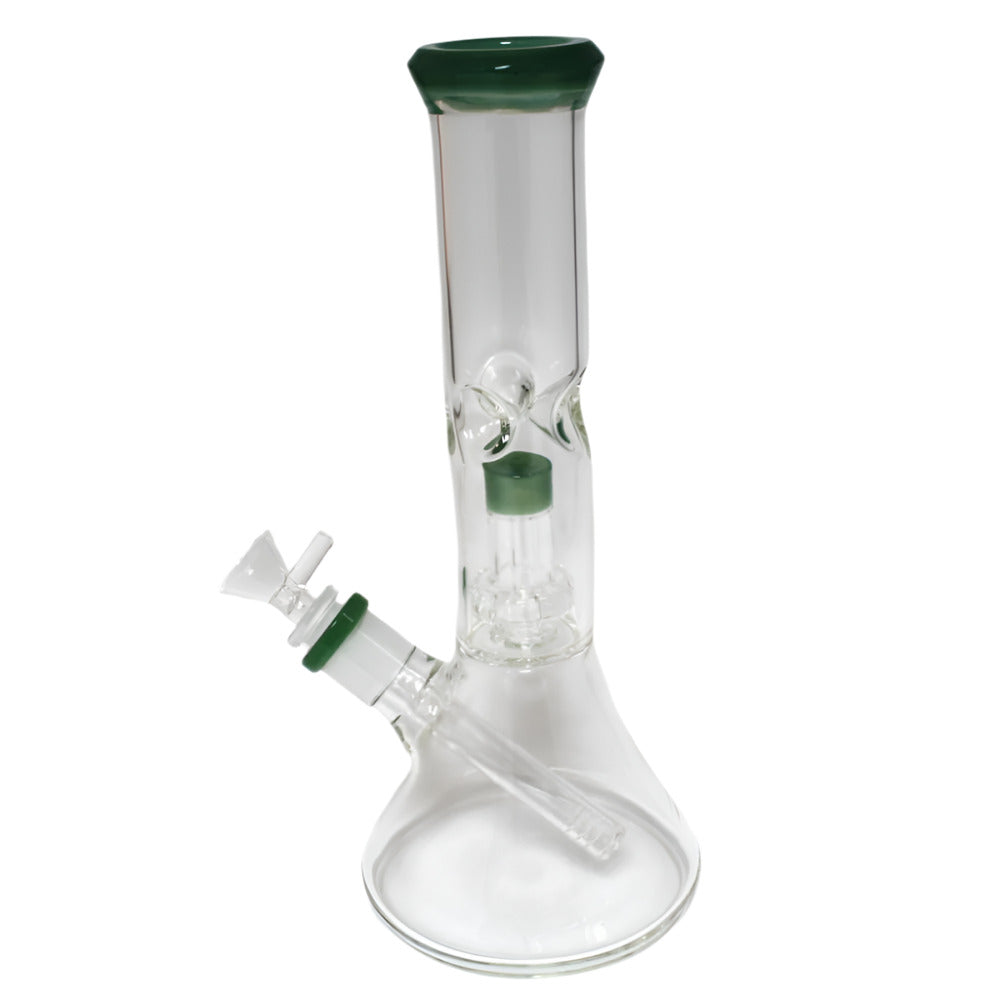 Beaker style glass water pipe with dom design percolator for enhanced filtration, smooth smoke diffusion, and durable stable base construction.