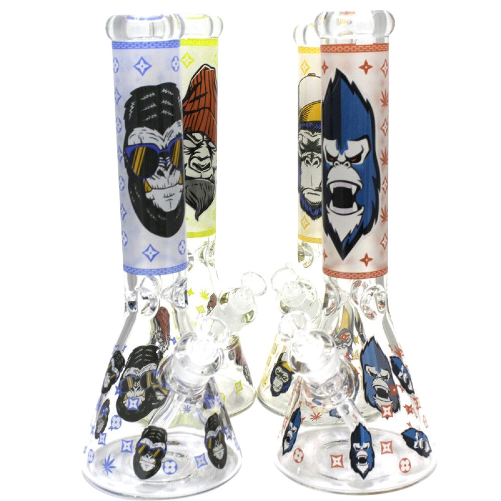 Beaker Glow Decal Heavy Glass Water Pipe featuring artistic glow-in-the-dark design, durable thick glass construction, and glass-on-glass connection for smooth filtration.