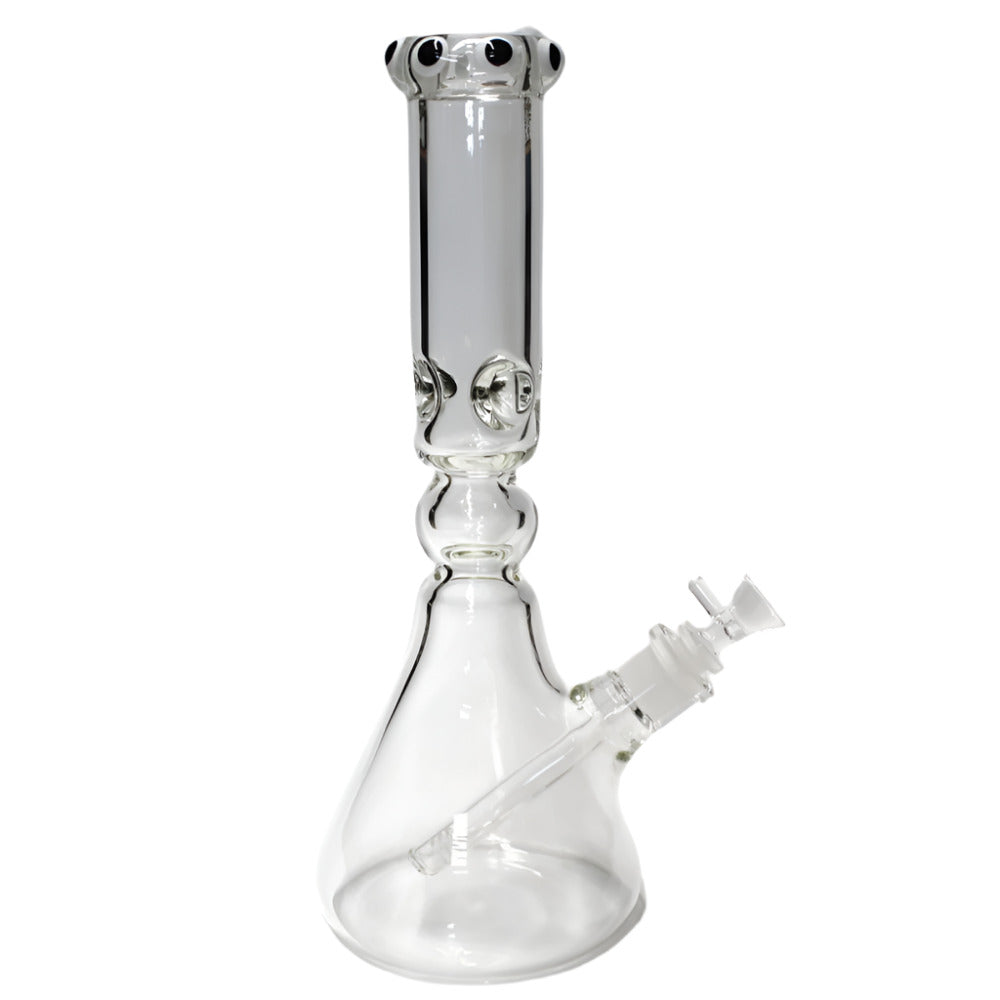 Beaker top decorated heavy water pipe with durable glass construction, glass-on-glass connection, and stable beaker base design.