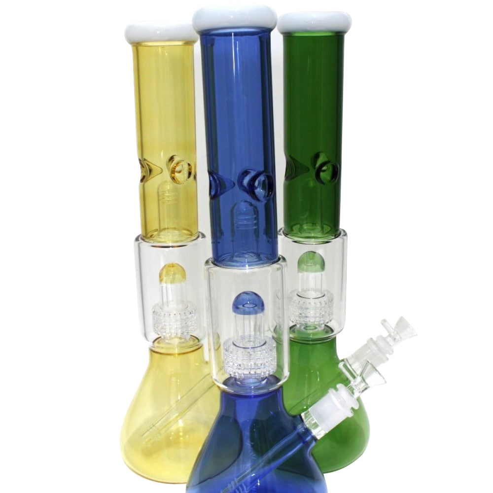Beaker water pipe with diamond cut percolator, double dome design, and durable glass construction for enhanced filtration and smooth airflow.