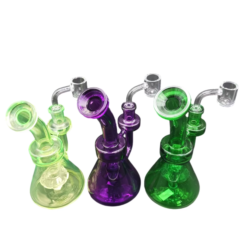 Bent neck colorful glass water pipe with durable borosilicate construction, stable base, and smooth filtration for clean and cooled hits.