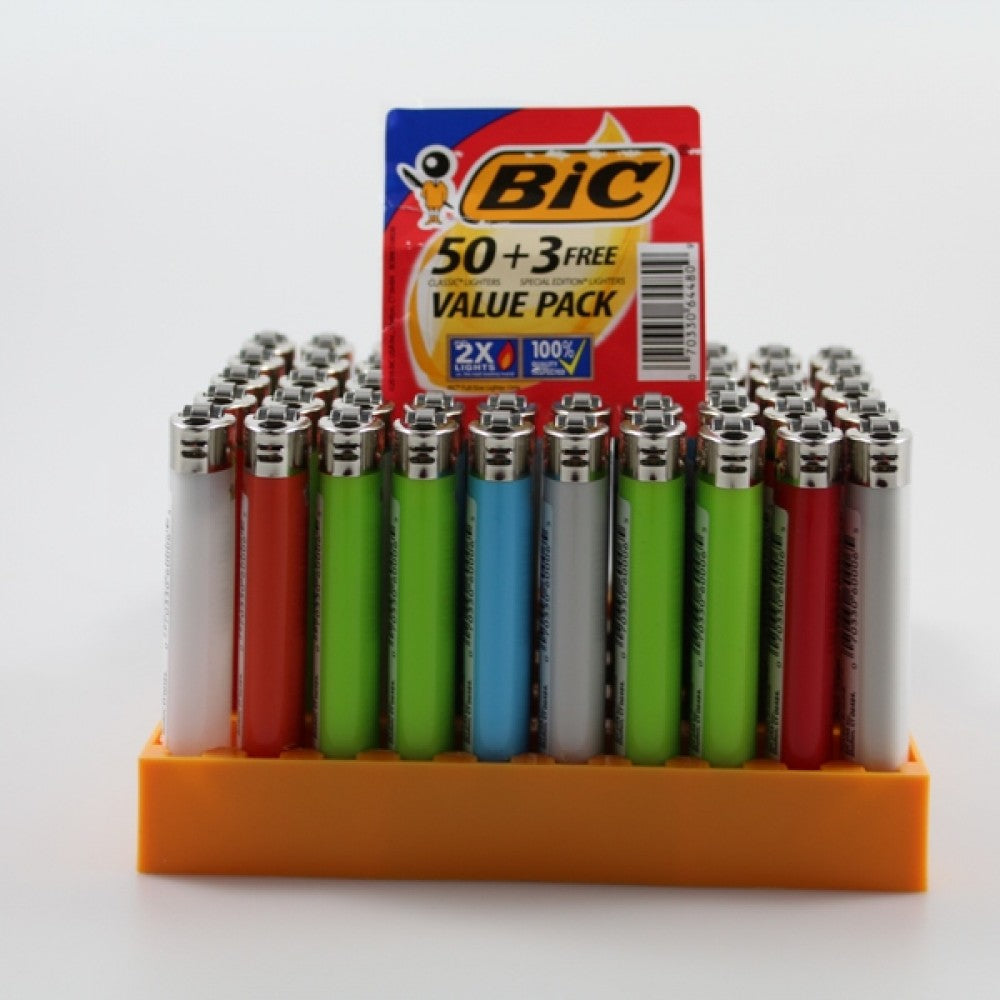 Bulk BIC disposable lighters 50 pack with 3 free, reliable flame performance, compact design, and durable safe ignition system.