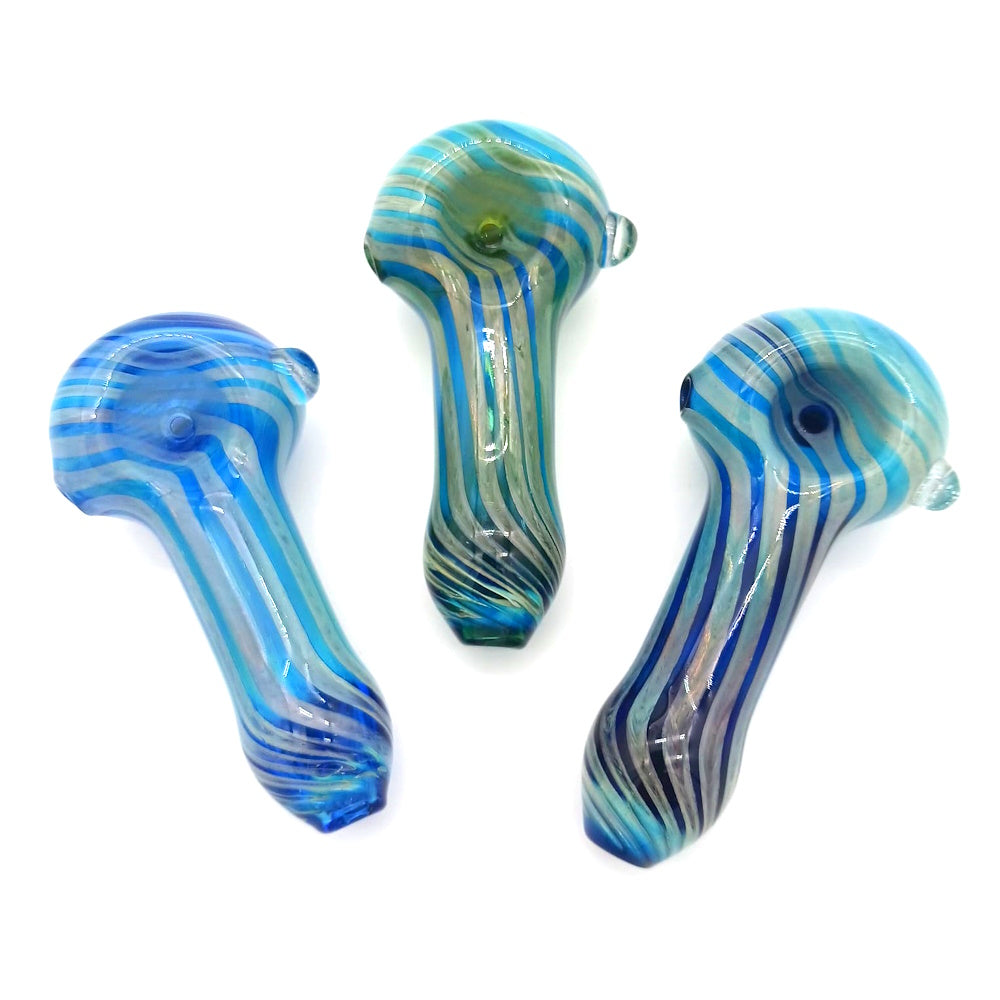 Blue liner color glass hand pipe made with heavy-duty durable glass, compact portable design, vibrant blue accents, and smooth airflow for clean smoking experience.