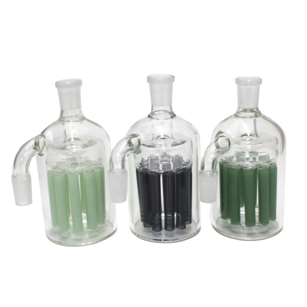 Borosilicate glass ash catcher with 90 degree angle and tree percolator, 14mm female to male joints, durable clear glass construction for filtration use.