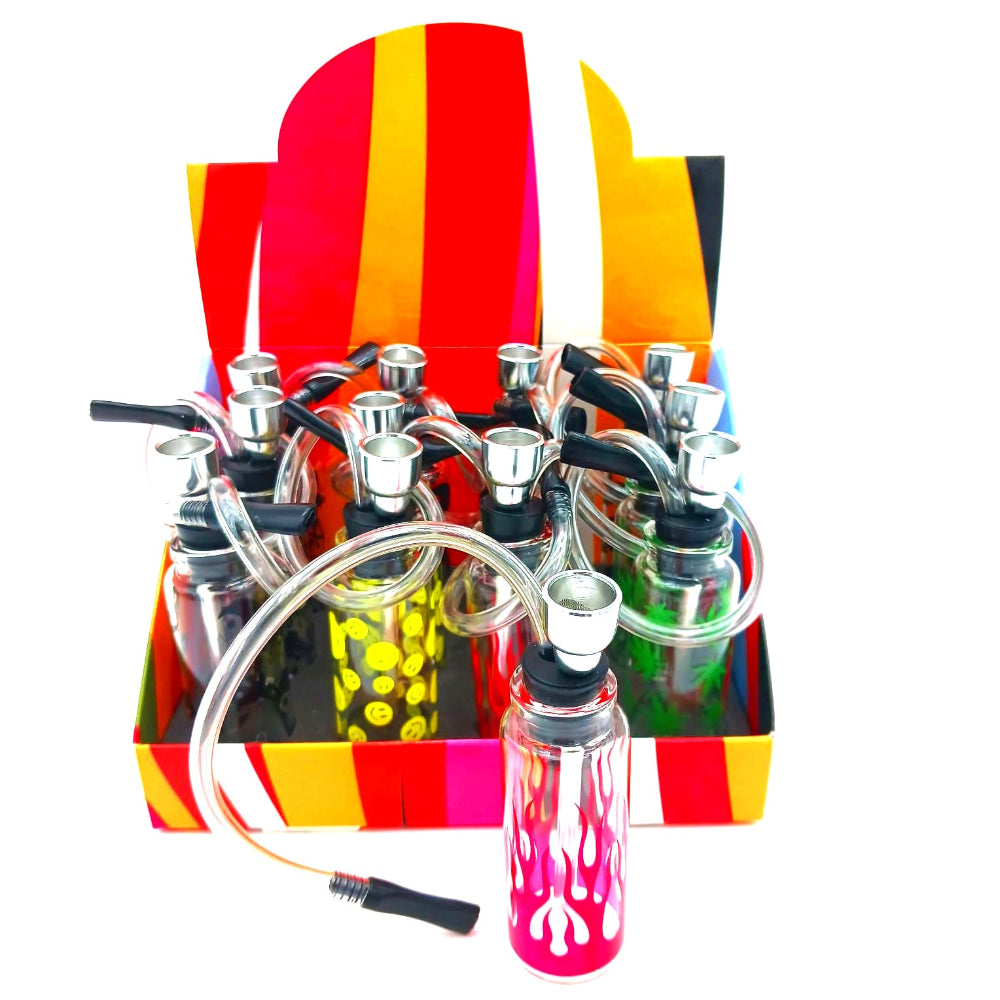 Bottle pipe art color design 12 count display pack, featuring assorted artistic styles with durable glass construction for smooth airflow, portability, and stylish smoking use.