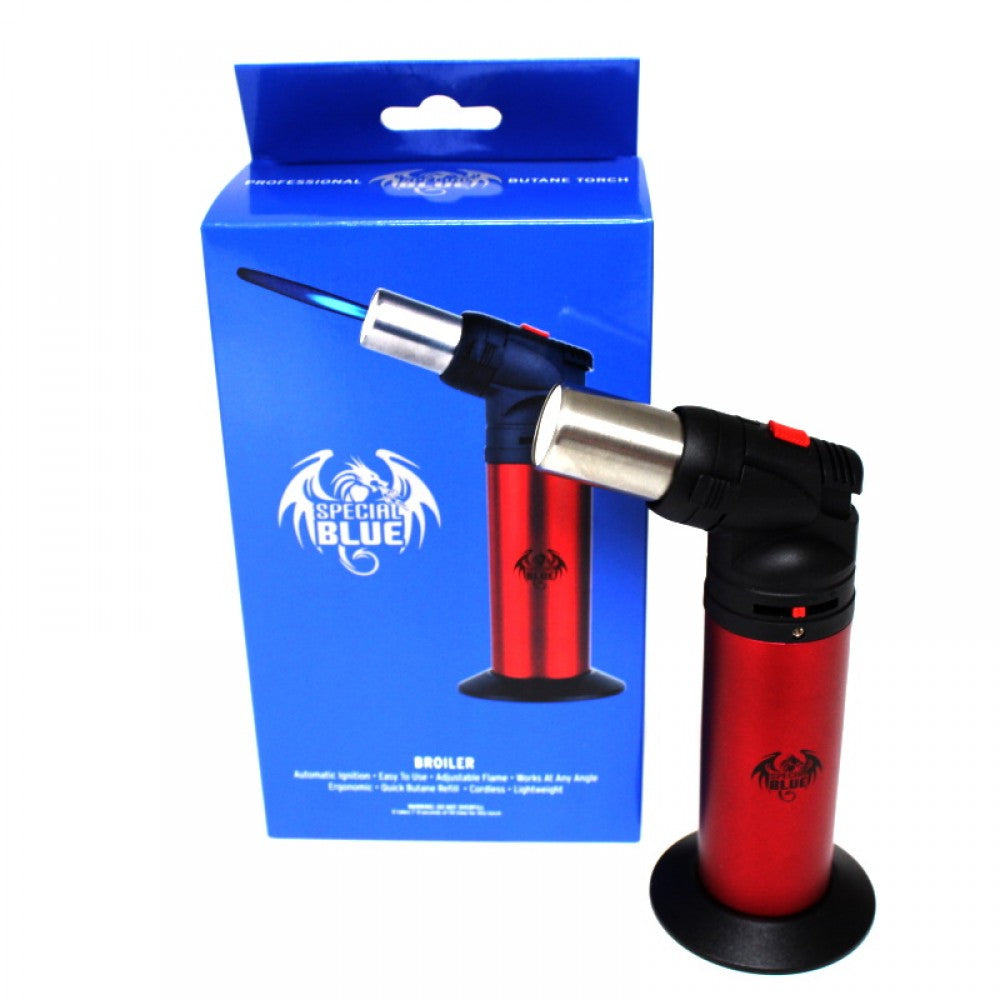 Special Blue Broiler Torch Heavy Duty featuring powerful adjustable jet flame, refillable butane system, and durable construction for high-heat cooking and heating use.