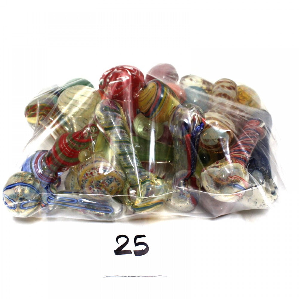 Bulk Mixed Color Heavy Duty Glass Hand Pipes, 25 Count Bundle, featuring assorted styles, durable glass craftsmanship, and colorful handcrafted designs.