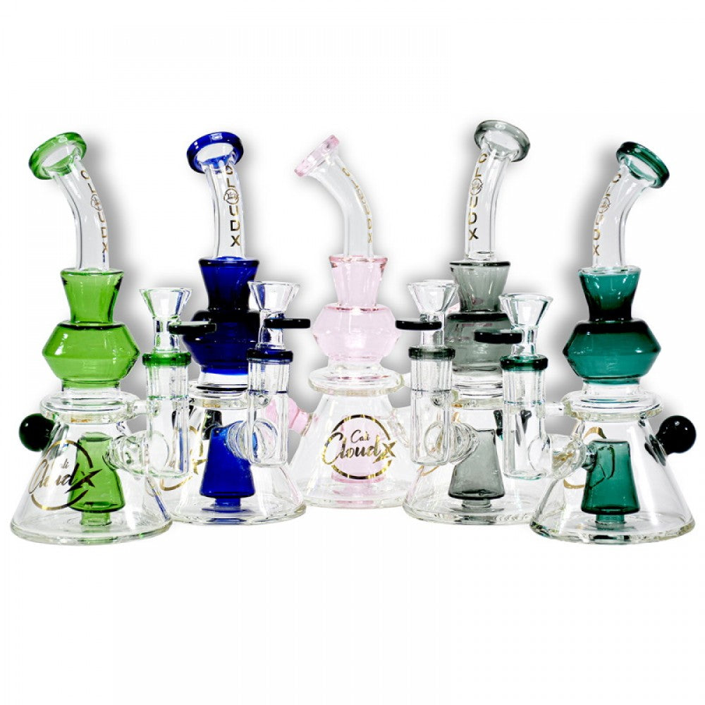 Cali Cloudx Cubed Design Tube Color Water Pipe featuring durable borosilicate glass, colorful accents, and smooth filtration performance.