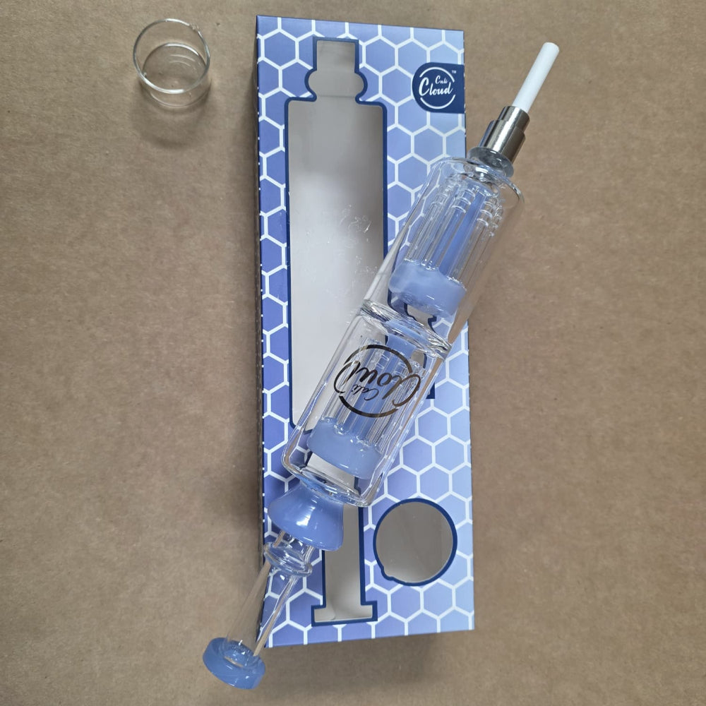 Close-up detail of Cali CloudX Double Tree Percolator Straw Kit highlighting dual tree percolators, intricate glass craftsmanship, and efficient water filtration design.