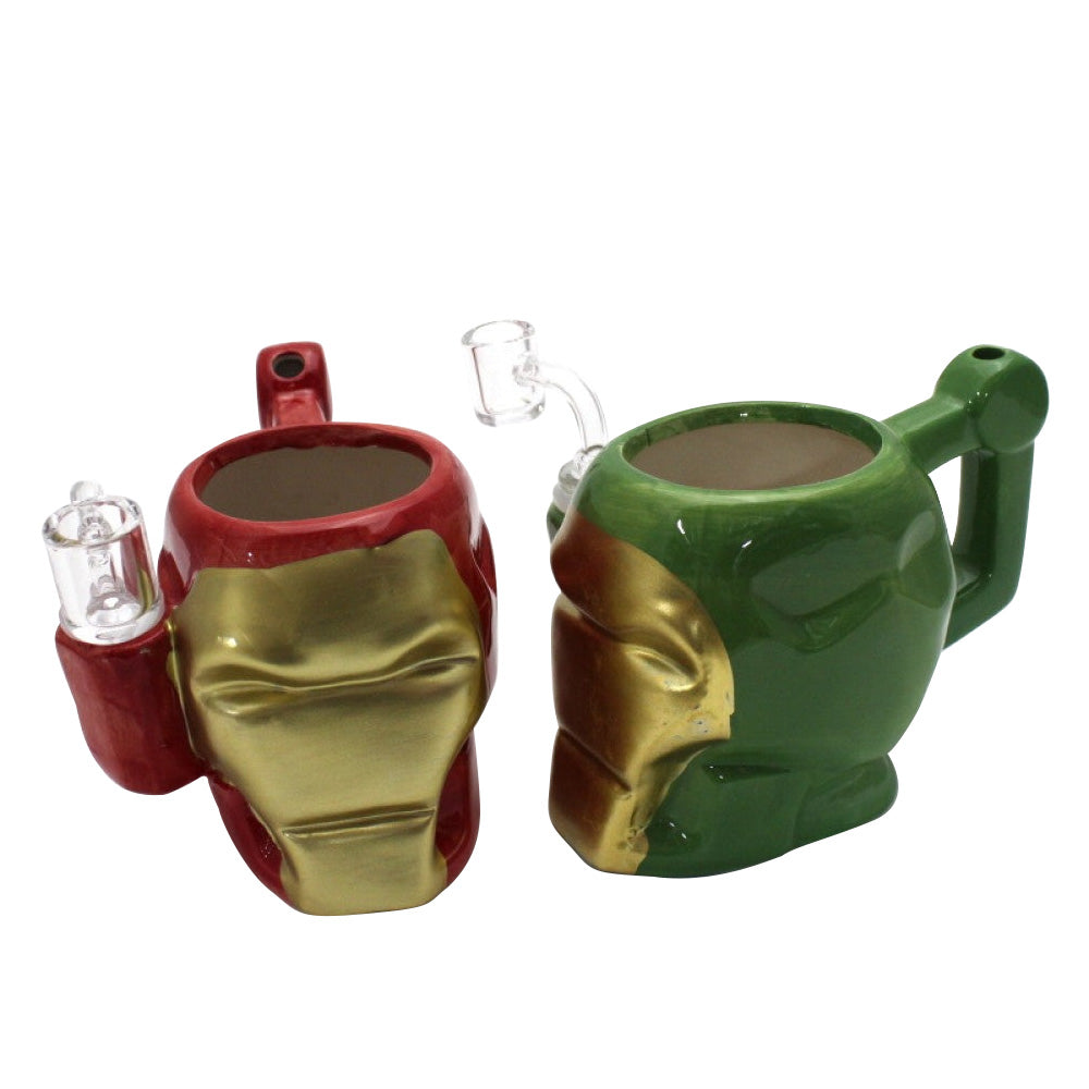Ceramic design cup dab rig water pipe with 14mm male banger, durable ceramic and glass construction with smooth water filtration for efficient dabbing performance.