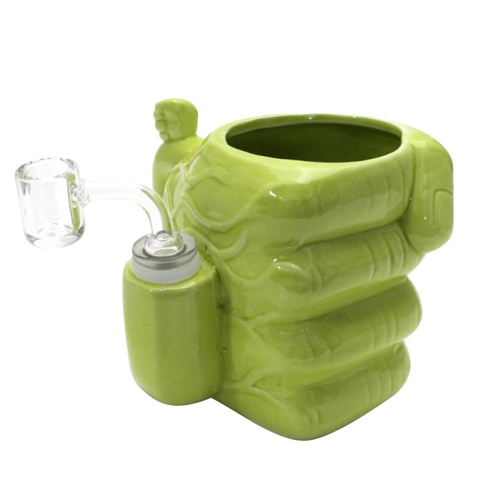Ceramic finger design cup dab rig water pipe with 14MM male banger featuring durable ceramic construction, artistic design, and water filtration for smooth hits.