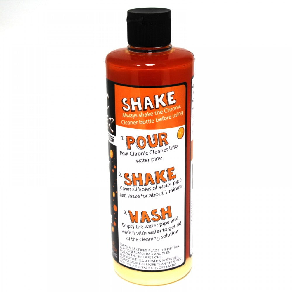 Chronic Cleaner 16 oz #1 rated water pipe cleaner powerful liquid formula for deep cleaning glass removing residue and restoring clarity quickly and easily.